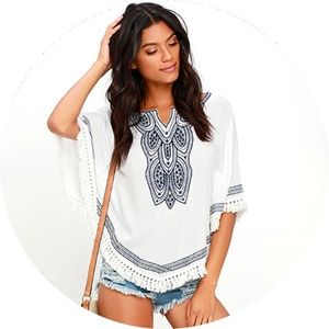 Lulus MOONLESS SKY IVORY EMBROIDERED PONCHO TOP